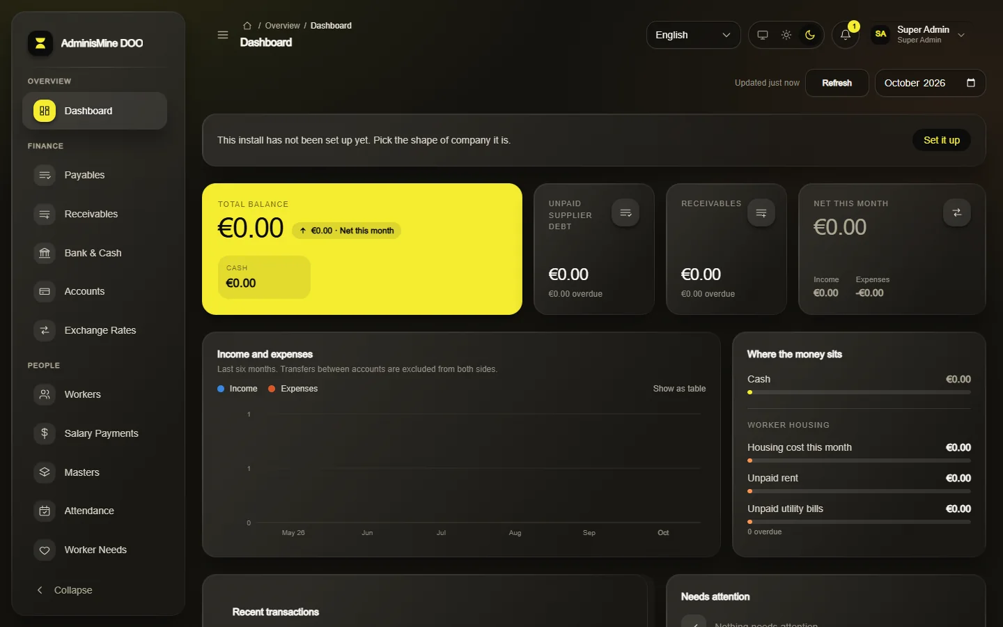 AdminisMine finance dashboard